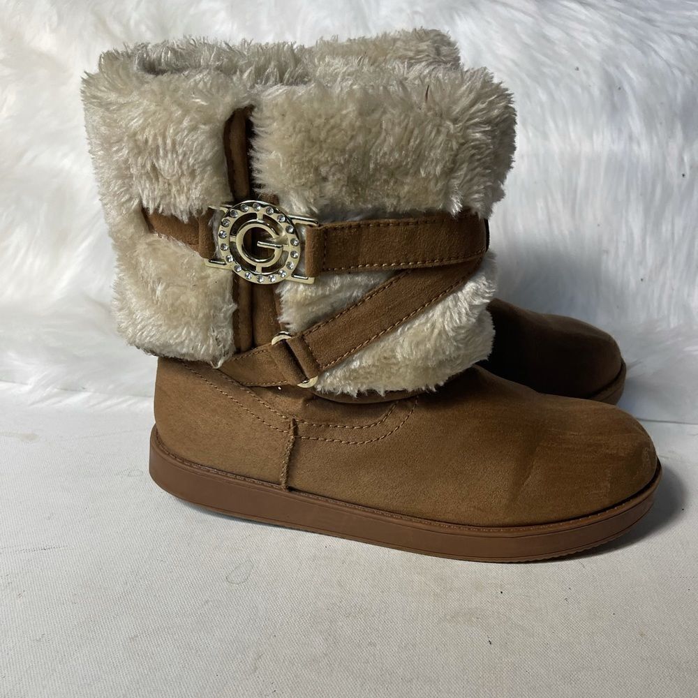 G by Gess tan suede faux fur ankle boots with side buckle slip on.